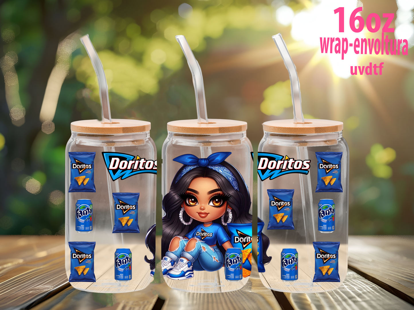 chibi-👑✨ Sticker UVDTF Princesa Azul – Listo para aplicar en vaso 16 oz ✨👑 ¡La magia está en los detalles!