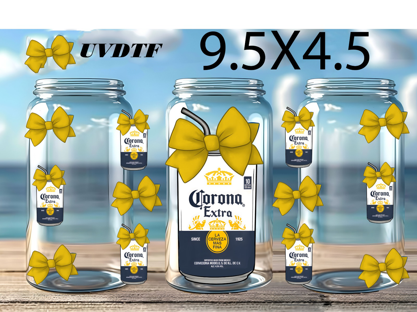 uvdtf- Inspirado en la icónica Corona Extra, con un toque coqueto gracias a los moños amarillos, ¡perfecto para tus proyectos creativos!